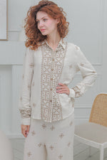Load image into Gallery viewer, Women Casual  Blouse Long sleeves, Full Button in Beige With Embroidery Prints