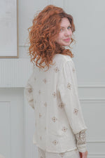 Load image into Gallery viewer, Women Casual  Blouse Long sleeves, Full Button in Beige With Embroidery Prints