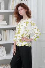 Load image into Gallery viewer, Women 3/4 Bat Sleeves Crew Neck Knitted Top in Lime Prints