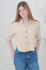 Women Casual Short Sleeves Crop Shirt in Beige