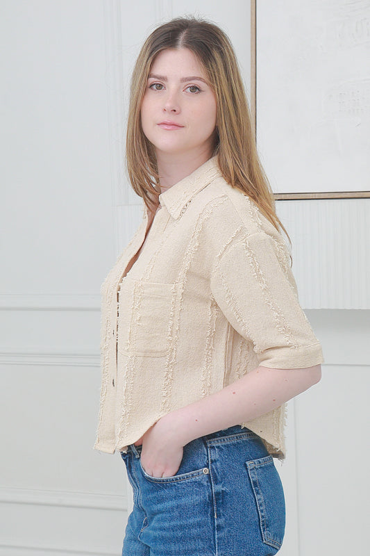Women Casual Short Sleeves Crop Shirt in Beige