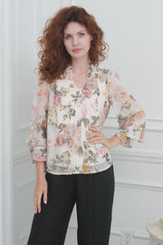 Long Sleeves Apricot Floral Printed Blouse For Women