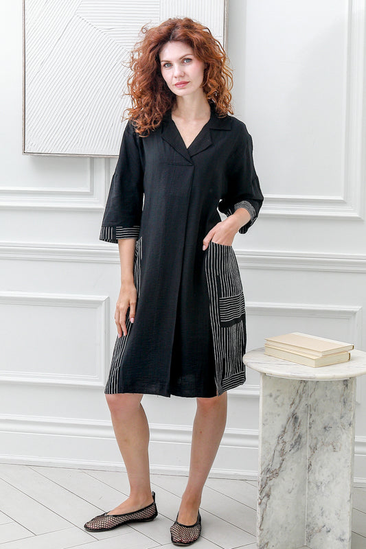 Women  3/4 Sleeves , Collared  Dress in Black