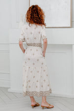Load image into Gallery viewer, Women Short Sleeves collared Dress  in Beige With Embroidery Prints