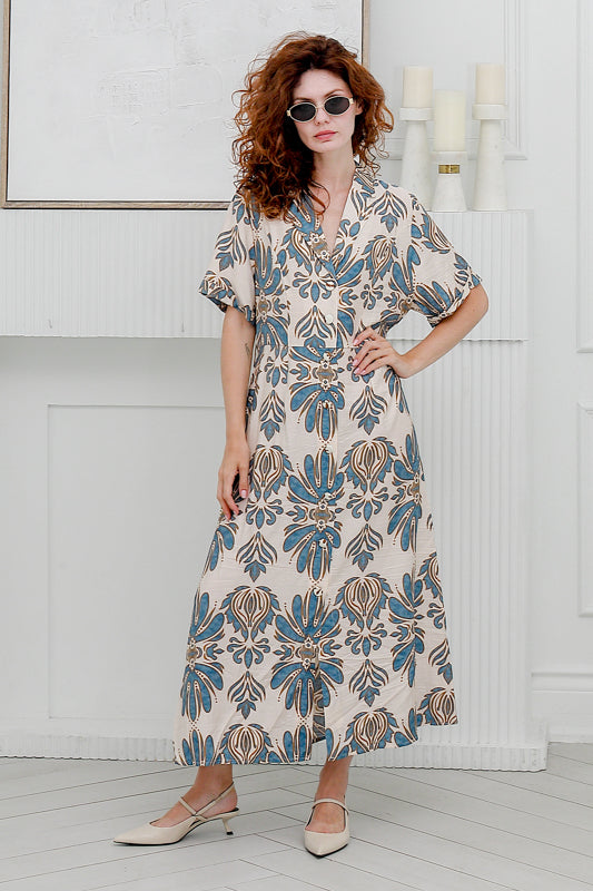 Women  Short Sleeves , Collared  Dress in Blue Prints