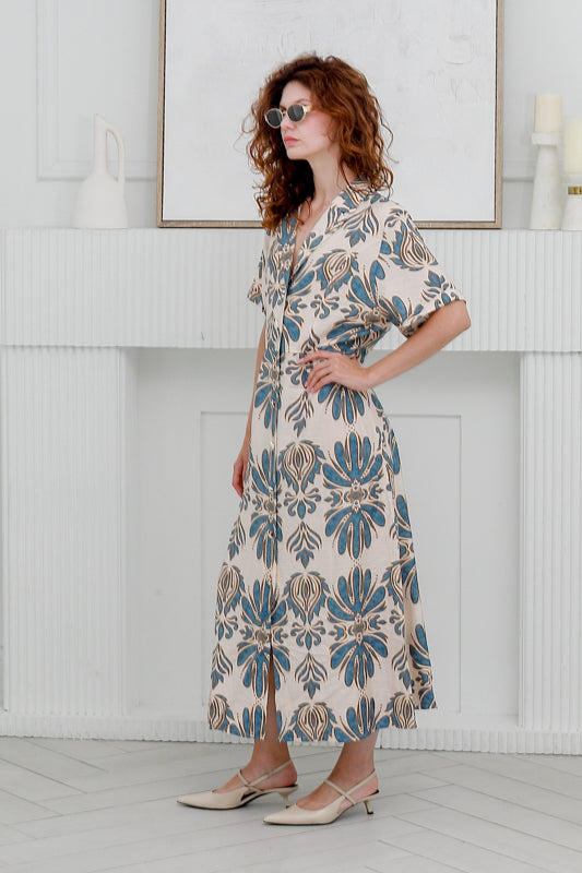 Women  Short Sleeves , Collared  Dress in Blue Prints