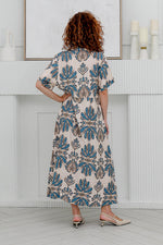 Load image into Gallery viewer, Women  Short Sleeves , Collared  Dress in Blue Prints