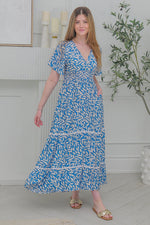 Load image into Gallery viewer, Women  Short Sleeves ,V-Neck Dress in Blue  with White Leaf Prints