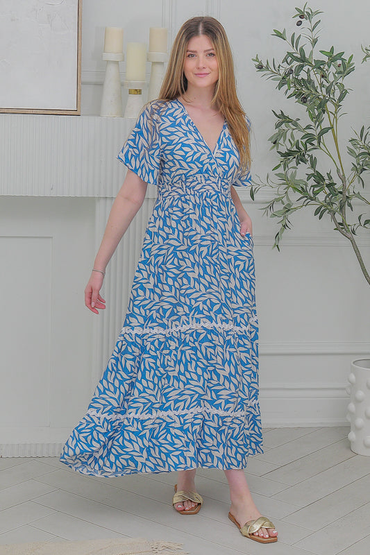 Women  Short Sleeves ,V-Neck Dress in Blue  with White Leaf Prints
