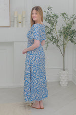 Load image into Gallery viewer, Women  Short Sleeves ,V-Neck Dress in Blue  with White Leaf Prints