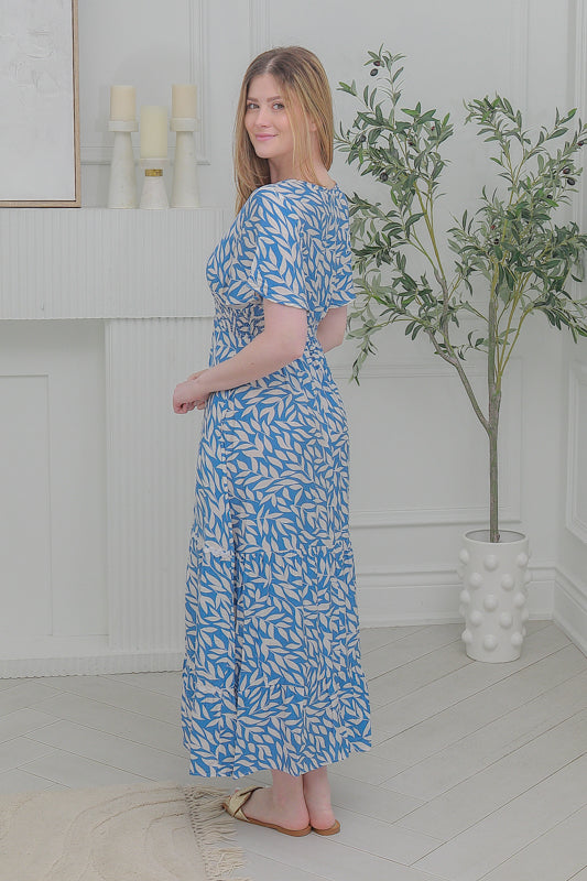 Women  Short Sleeves ,V-Neck Dress in Blue  with White Leaf Prints