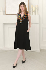 Women A- Line Casual Sleeveless Dress  V- Neck in Black