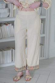 Women's Casual Pants , with Tonal Embroidery on Leg Opening  In Beige