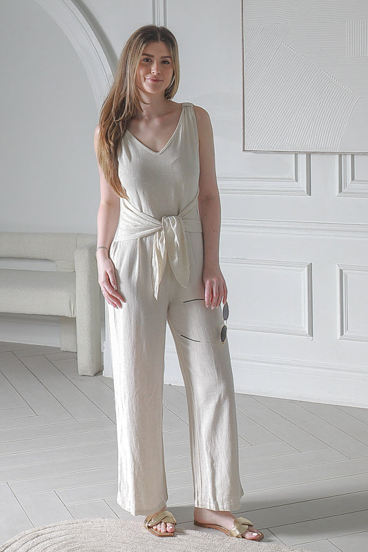 Women Sleeveless V-Neck Jumper Suit in Beige