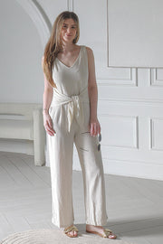 Women Sleeveless V-Neck Jumper Suit in Beige