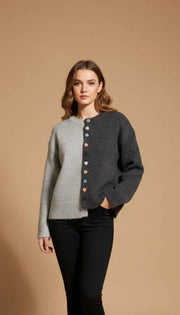 Women  Button -Up Cardigan Sweater in Light Grey  &  Dark Grey Contrasting