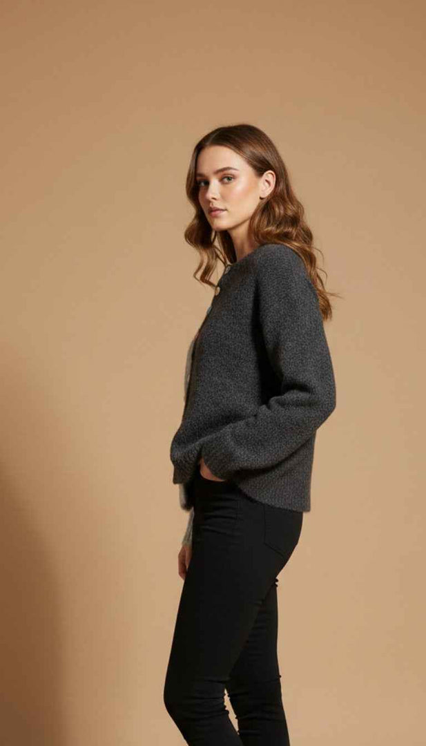 Women  Button -Up Cardigan Sweater in Light Grey  &  Dark Grey Contrasting