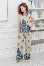 Women Two Pcs Pants Set in Navy Prints