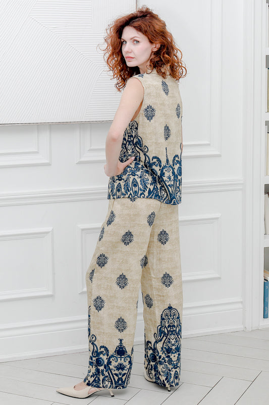Women Two Pcs Pants Set in Navy Prints