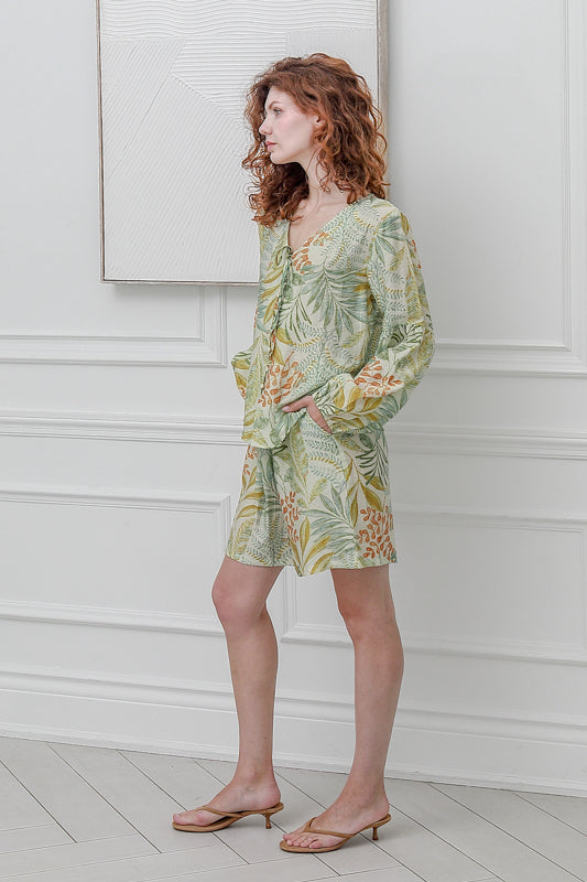 Women Two Pcs Short Set in Green Floral Prints