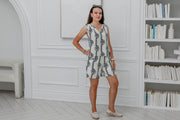 Women Two Pcs Short Set in Cream with Navy Prints