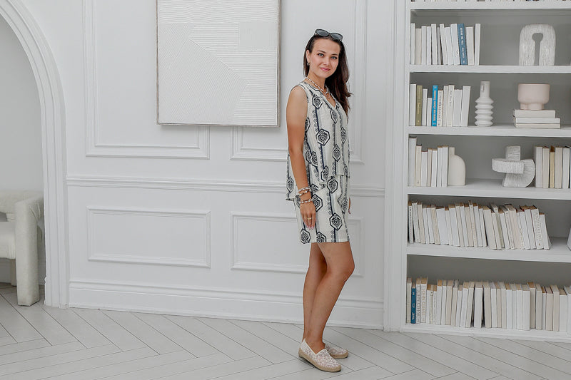 Women Two Pcs Short Set in Cream with Navy Prints