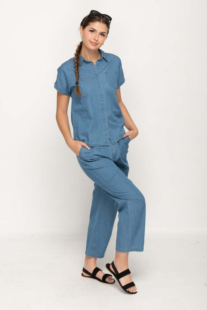 Casual Short Sleeves,  Women Denim Shirt
