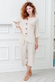 Women 3/4 sleeves Crew Neck Blouse in Beige