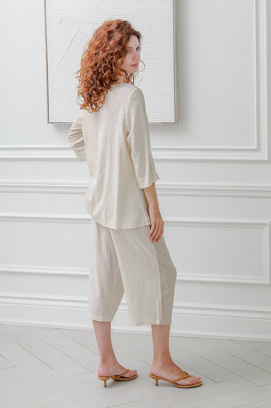 Women 3/4 sleeves Crew Neck Blouse in Beige