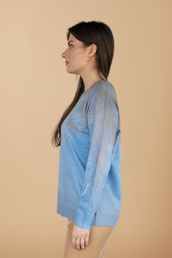 Women  Sweater  in Blue Print , Crew Neck Long Sleeve and Decorated With Hot -Fix Rhinestones (Copy) (Copy) - Nikky Apparels