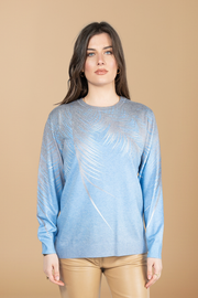 Women  Sweater  in Blue Print , Crew Neck Long Sleeve and Decorated With Hot -Fix Rhinestones (Copy) (Copy) - Nikky Apparels