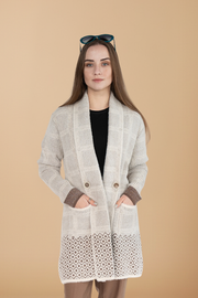 Women 's Sweater  Cardigan in Beige with Plaid Print , Open Front - Nikky Apparels