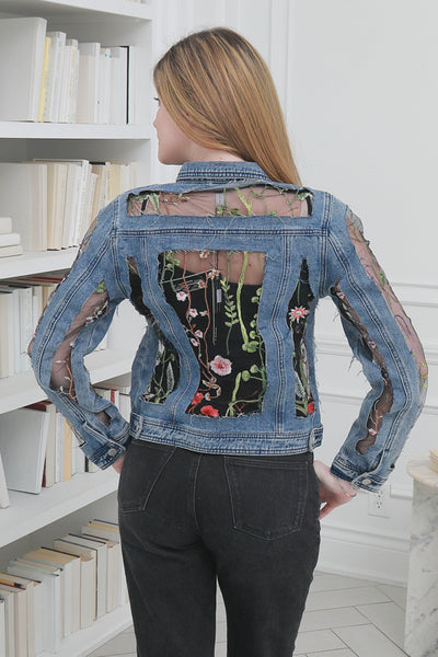 Vintage Denim Jacket with Stylish Floral Embroidery Detailing