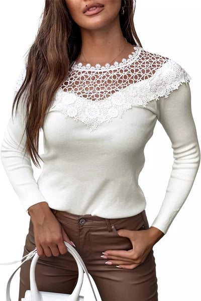 Chic and Elegant White Lace Long Sleeve Top for Women's Fashion