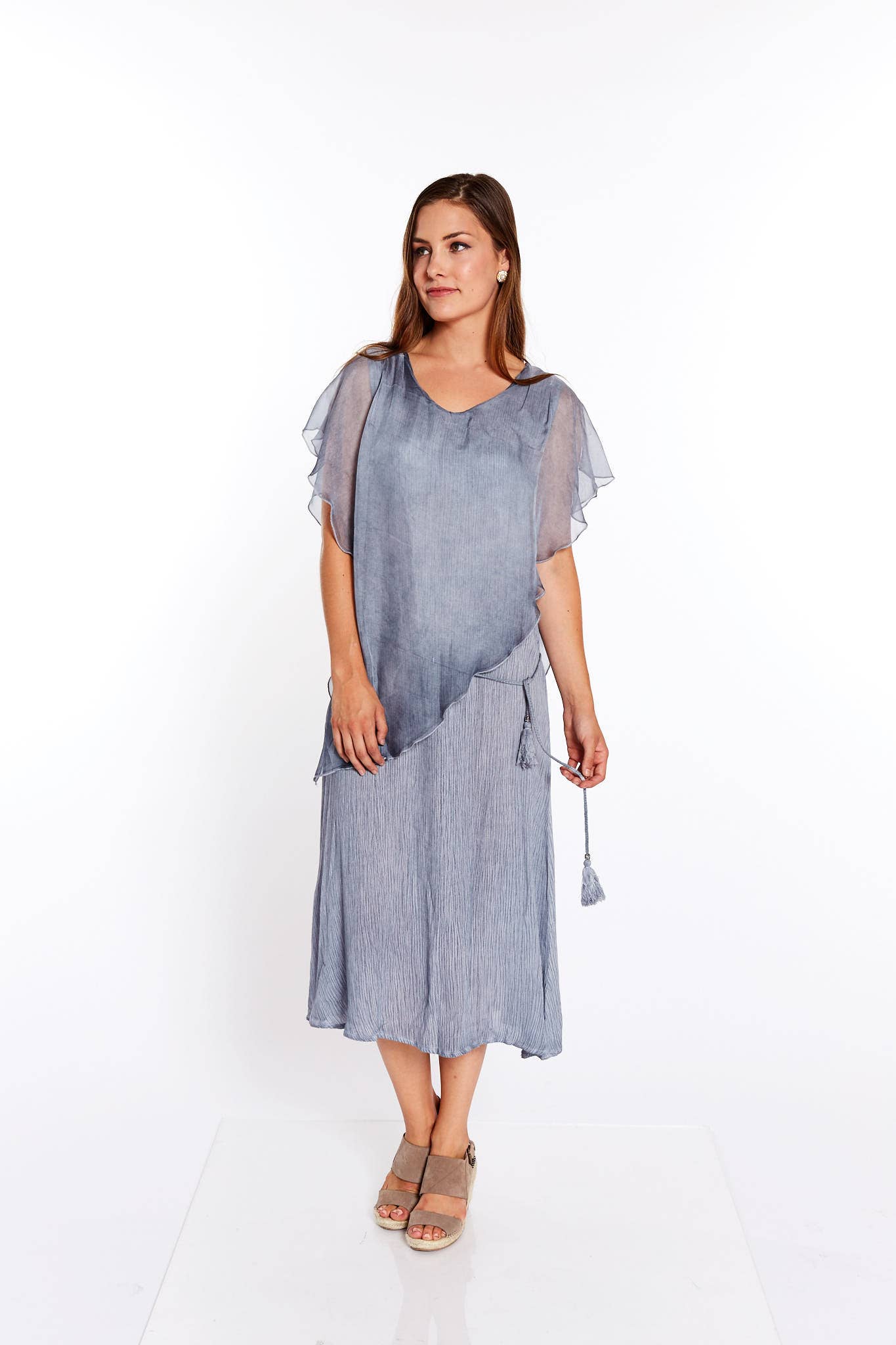 THE SCOOPY FLARED TASSEL TIED DRESS IN PALE GREY